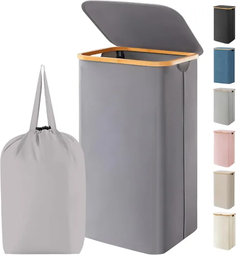 Vista 31 de Lifewit Cesta de lavandería de 80 litros con tapa, cestas de ropa para lavandería con asas de bambú y una bolsa de lavandería extraíble, cesta