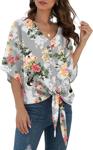 Vista 48 de VIISHOW Womens Tie Front Chiffon Blouses V Neck Batwing Short Sleeve Summer Tops Shirts Albaricoque
