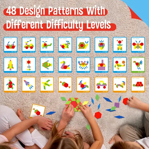 Vista 3 de 155 PIEZAS Juego de Bloques de Patrón de Madera, 24 Tarjetas de Diseño Doble Cara (48 Patrones) Rompecabezas de Forma Geométrica Divertido Tangram