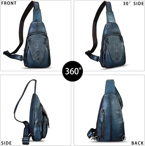 Vista 5 de Bolso de cuero genuino para hombres y mujeres en relieve de piel de cocodrilo honda mochila bandolera de pecho, Azul marino