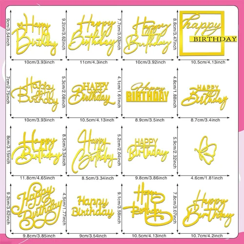 Vista 2 de 15 piezas de decoración dorada de acrílico para tartas, cupcakes, postres, 15 estilos (15 piezas doradas)