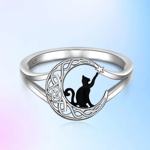 Vista 6 de Anillos de gato negro para mujer, diseño de árbol de la vida, joyería de Plateado
