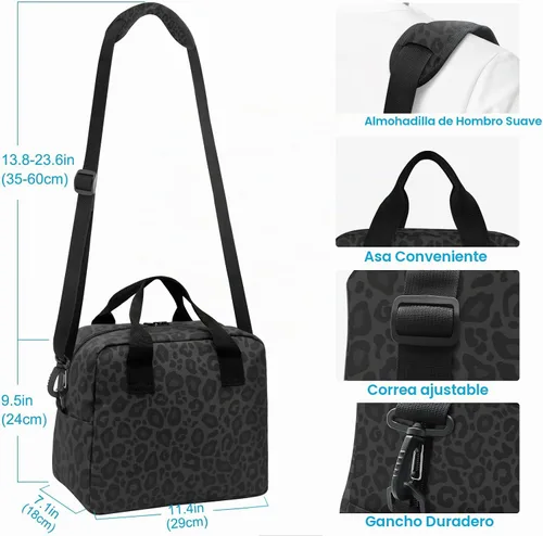 Vista 3 de Bolsa de Almuerzo Aislada de Leopardo Negro Estampado de Piel Animal Enfriadora Reutilizable Tote Box con Correa para el Hombro para Trabajo Picnic