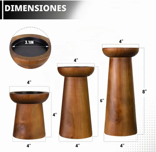 Vista 2 de Juego de 3 portavelas de pilar, portavelas de madera, portavelas decorativos de madera para sala de estar, centro de mesa para bodas, Navidad