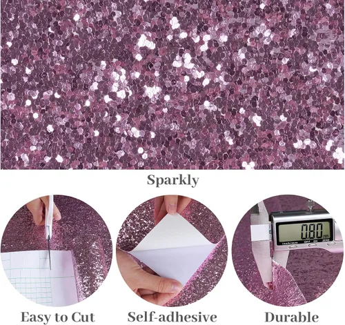 Vista 8 de VaryPaper Papel tapiz rosa claro con purpurina gruesa de 15.7 x 78.7 pulgadas, papel de contacto con purpurina rosa para paredes, papel de pared