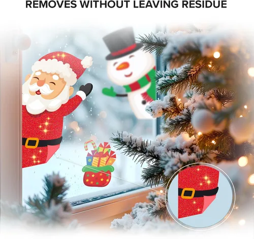 Vista 5 de X-Protector Adhesivos navideños para ventana, juego de 89 piezas, calcomanías navideñas con purpurina para ventana, calcomanías de decoración