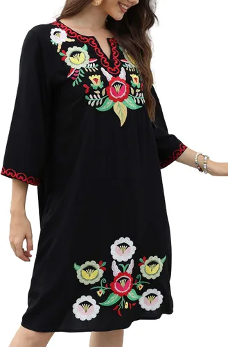 Vista 3 de Vestido bordado mexicano para mujer, vestidos bordados florales para mujer, estilo bohemio, campesino, manga 34, vestido de fiesta, falda casual