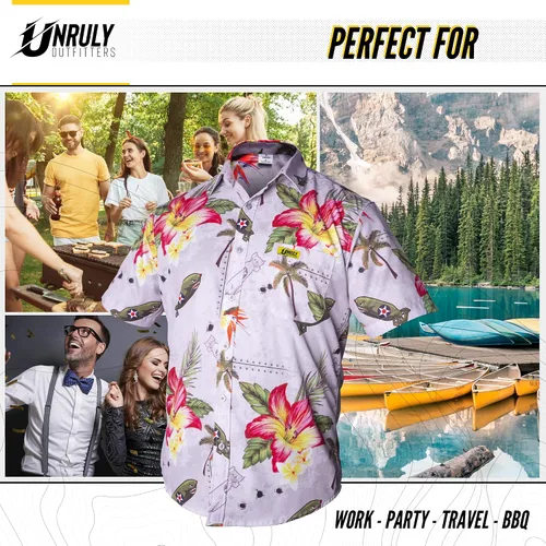 Vista 6 de Camisa hawaiana para hombre, camisas grises con botones para hombre, camisas divertidas de flores y armas para hombre