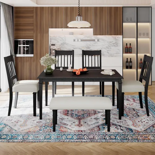 Vista 2 de Juego de comedor retro de 6 piezas, mesa rectangular de madera y 4 sillas con banco para cocina y comedor, color gris cola de milano Cola de milano