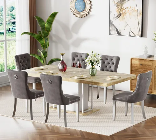Vista 37 de Mesa de comedor extensible de 78.74 pulgadas para 6 8 y 10 pulgadas, moderna mesa de comedor extensible de granja con base de doble pedestal, mesa