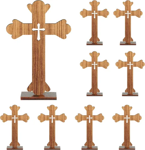 Vista 8 de Amyhill 10 centros de mesa de madera para bautismo, para mesas, decoración de primera comunión, cruz de madera rústica para manualidades con bases