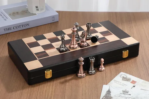Vista 4 de Juego de ajedrez de metal grande de 15 pulgadas para adultos y niños con piezas de ajedrez de metal, tablero de madera plegable con almacenamiento