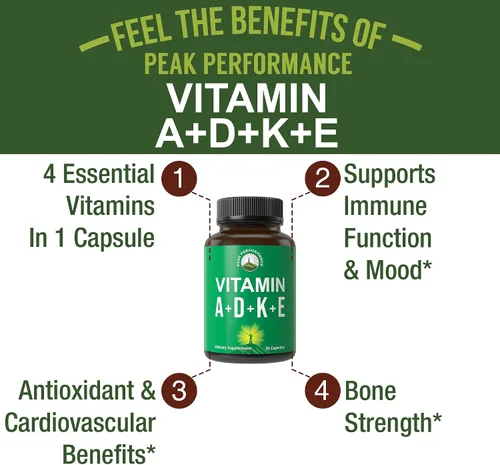 Vista 2 de Peak Performance Vitaminas D 5,000 UI + A + K + E Todo en 1 Cápsula Vegana Fácil de Tragar. Suplemento Vitamínico ADK con E D3 K2. Vitaminas