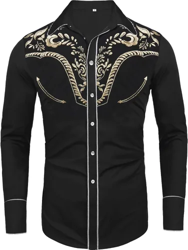 Vista 2 de Daupanzees camisas bordadas de manga larga para hombre ajustadas informales abotonadas