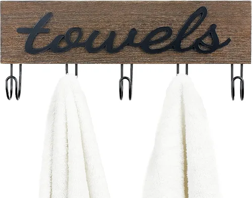 Vista 6 de Mkono Soporte de Toallas Montado en Pared, Toalleros para Baño, Decoración de Casa de Campo, Ganchos de Madera Rústica para Toallas, para Colgar