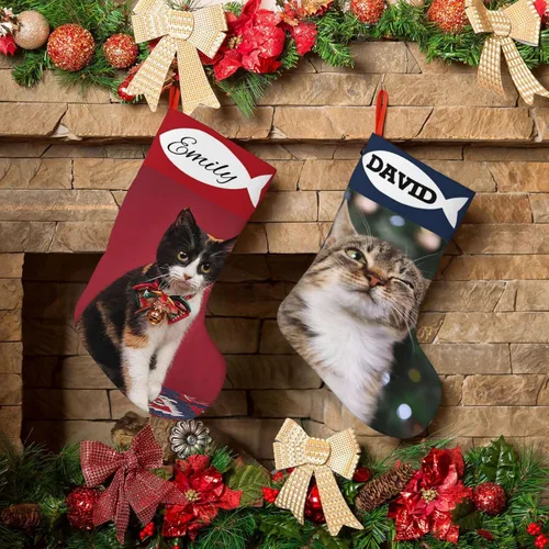 Vista 5 de Medias de Navidad personalizadas de 18 pulgadas, medias personalizadas de Navidad con nombre, imagen personalizada, gato, mascota, adorno
