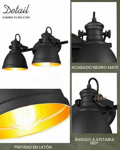 Vista 8 de Lámpara de tocador de baño industrial negra de 2 luces sobre
