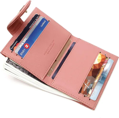 Vista 2 de Badiya Billeteras pequeñas para mujer, plegable, multitarjeta, delgada, tarjetero con cremallera, Rosado, Minimalista