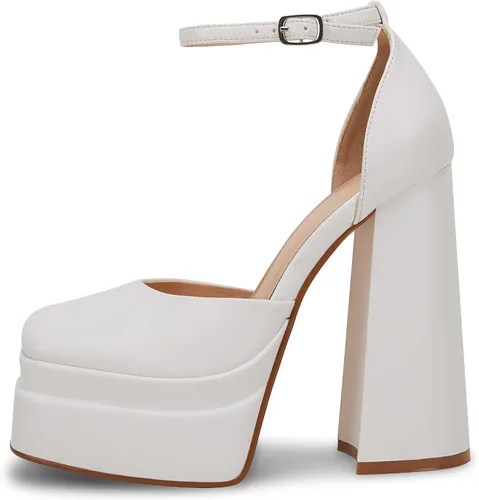 Vista 3 de Zapatos de tacón alto grueso con plataforma para mujer, con correa de tobillo cerrada, punta cuadrada, vestido de oficina, boda, fiesta, club y noche