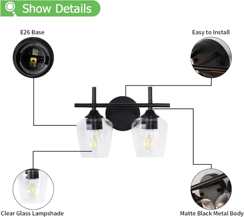Vista 4 de Accesorios de luz de baño de 2 luces, Luz de tocador moderna negra, Lámpara de pared de baño para espejo, cocina, dormitorio, pasillo, sala