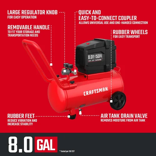 Vista 2 de CRAFTSMAN Compresor de aire de 8 galones sin aceite 1,8 HP presión máxima de 150 PSI tanque horizontal portátil
