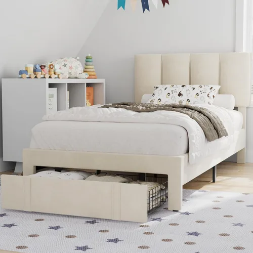 Vista 45 de VECELO Base de cama de tamaño individual con cajón de almacenamiento, base de cama de plataforma resistente con cabecera y fuerte soporte de Negro