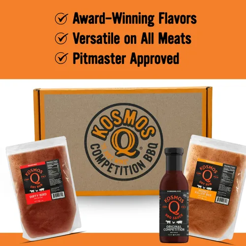 Vista 2 de Kosmos Q BBQ Box, Original Competition Barbecue Sauce Plus Dirty Bird & Honey KB Dry Rubs, Gift Set for Smoking & Grilling Chicken, Ribs, Pulled
