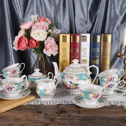 Vista 8 de fanquare Juego de té de rosa retro europeo de 15 piezas, juego de té de flora inglesa para adultos, juego de café de porcelana