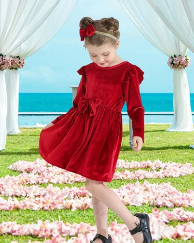 Vista 2 de Kucnuzki Vestido de terciopelo para niña pequeña, vestido de terciopelo sólido para niña, vestido de princesa casual para fiesta de otoño