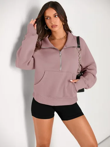 Vista 2 de AUTOMET Womens Sweatshirts Half Zip Cropped Pullover Fleece Quarter Zipper Hoodies Fall outfits Clothes Thumb Hole
