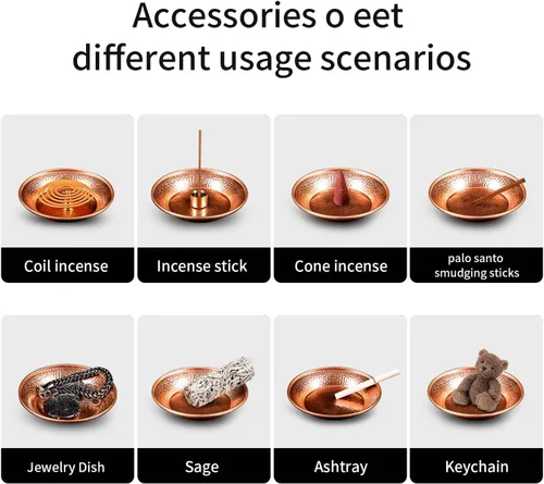 Vista 3 de Juego de soporte para quemador de incienso de cobre, cuenco de cobre martillado para uso en altar, plato de joyería, rituales, incienso, manchas