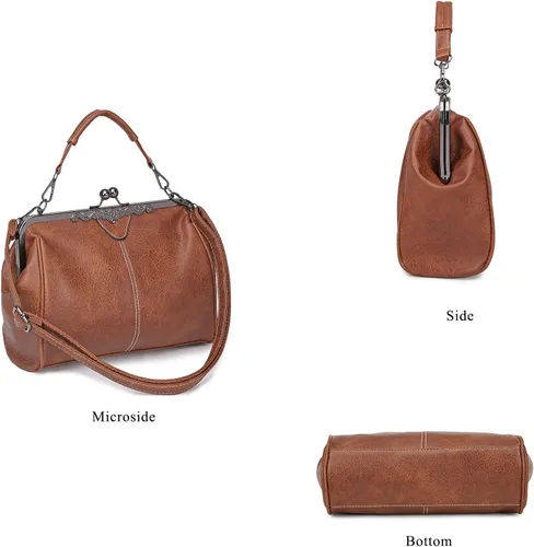Vista 4 de Bolsos vintage para mujer Kiss Lock para mujer, cuero aceitado, bolso de mano