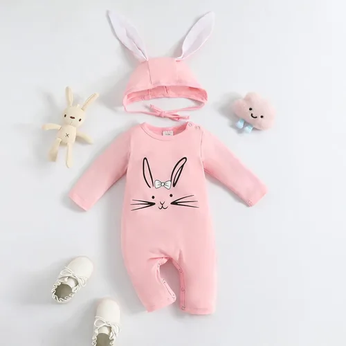Vista 2 de Yoxindax Trajes de bebé recién nacido, traje de conejo, mameluco lindo con gorro para niñas (0-3 meses), Rosado
