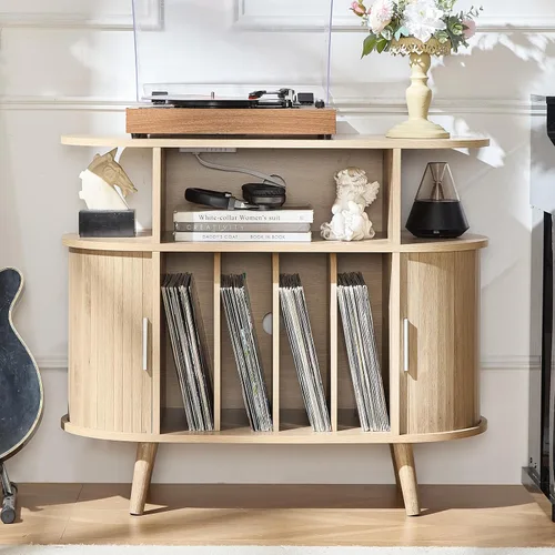 Vista 18 de LELELINKY - Pequeño soporte redondo para tocadiscos con estación de carga y estante de exhibición estriado, gabinete de tocadiscos negro de mediados
