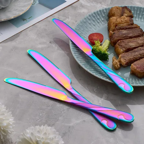 Vista 6 de Juego de cuchillos de cena arcoíris, cuchillo de carne arcoíris brillante de acero inoxidable para mesa, juego de 6 cuchillos de 23.37 cm