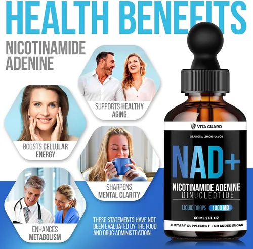 Vista 4 de Vita Guard Pure NAD+ Liquid Drops 1000mg Fórmula de nicotinamida y adenina Vegano, sin OMG Sabor natural de limón y naranja Suplemento