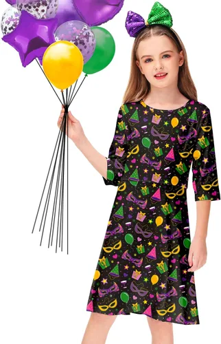 Vista 4 de Remimi Vestido de día de San Patricio para niñas, divertido vestido irlandés para vacaciones, patinadora, de 3 a 14 años