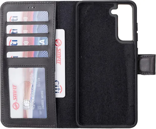 Vista 49 de HARDISTON Funda tipo cartera compatible con Samsung Galaxy S21, hecha a mano, de piel auténtica, cubierta magnética desmontable tipo flip con Negro