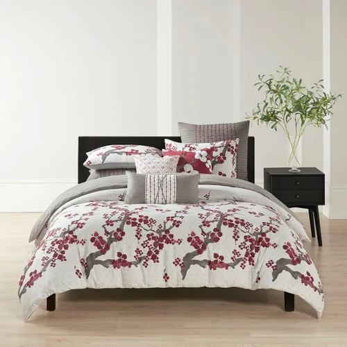 Vista 15 de N Natori Juego de funda de edredón de flor de cerezo, tamaño Queen, rojo, gris, juego de funda de edredón de flor de cerezo, 3 piezas, 100% algodón