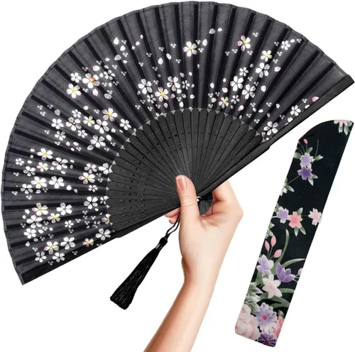 Vista 7 de OMyTea, abanico desplegable con motivo de flores de yuyos (8.27 pulgadas - 21 centímetros) con funda de tela para protección, estilo chino/japonés