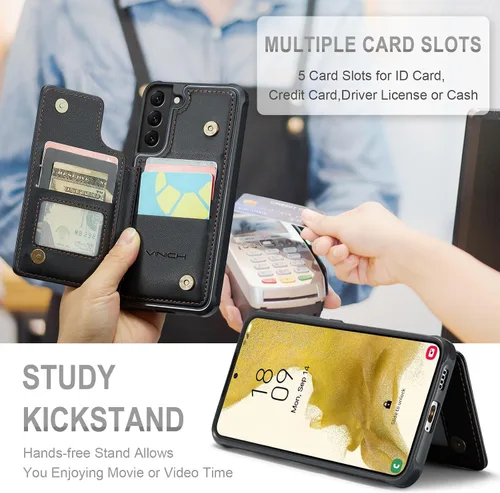Vista 7 de Vinich Funda tipo cartera para Samsung Galaxy S22 Plus con tarjetero y ranuras de crédito con bloqueo RFID, función atril, a prueba de golpes