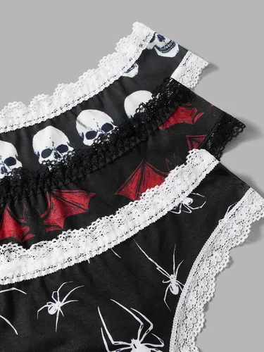 Vista 4 de WDIRARA Conjunto de ropa interior para mujer, paquete de 3 unidades, estampado gráfico de calavera