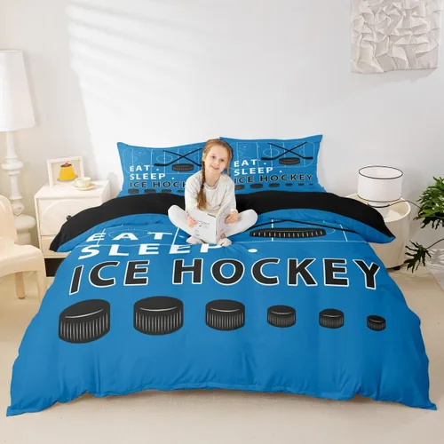 Vista 3 de Erosebridal Hockey Twin Duvet Cover for Boys,Blue and Black Sports Bedding Sets for Kids Teen,Ball Games Gamer Bed Set,Ice Hockey Field Quilt Cover