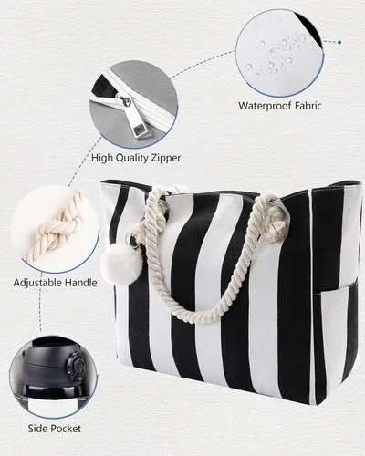 Vista 3 de Genovega Bolsa de lona grande para mujer, con bolsillos con cremallera, para natación, piscina, gimnasio, senderismo, picnic, viajes