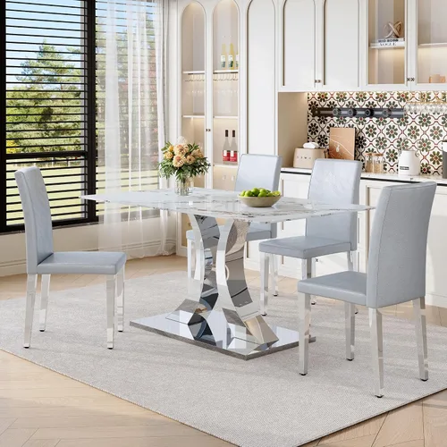 Vista 15 de Juego de mesa de comedor de mármol para 4, moderna mesa de oro blanco de 63 pulgadas con patas de marco de forma intercambiable y sillas de comedor