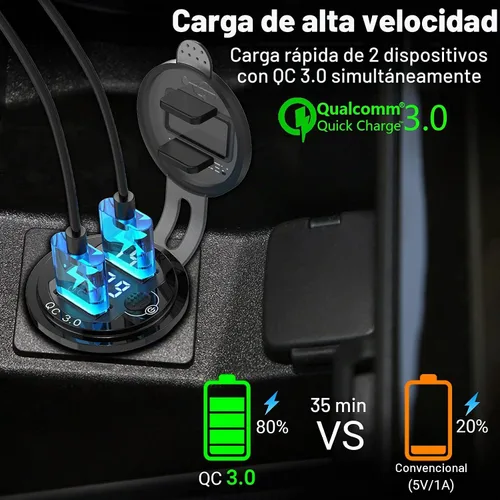 Vista 2 de Paquete de 2 salidas USB de 12 V, carga rápida dual 3.0, cargador de aluminio impermeable con voltímetro LED e interruptor de alimentación Paquete