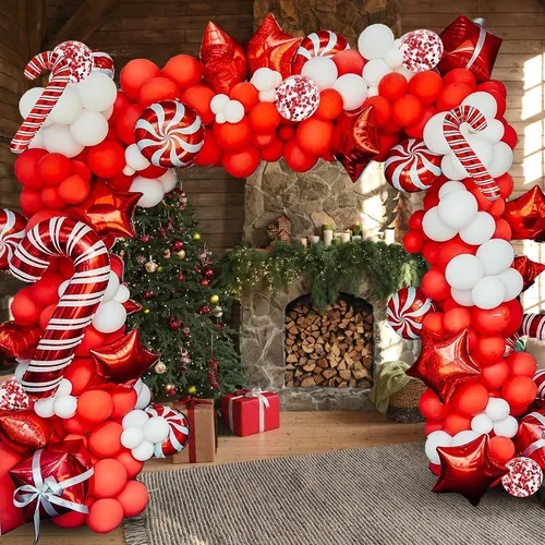 Vista 5 de Kit de arco de globos de Navidad de 175 piezas, incluye globos rojos, blancos, de bastón de caramelo y confeti, kit de herramientas