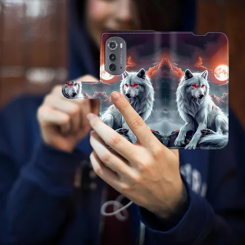 Vista 5 de Funda para Motorola Edge 2022 con protector de pantalla, soporte y tarjetero y correa para la muñeca, funda magnética para Moto Edge 2022 5G UW Lobo