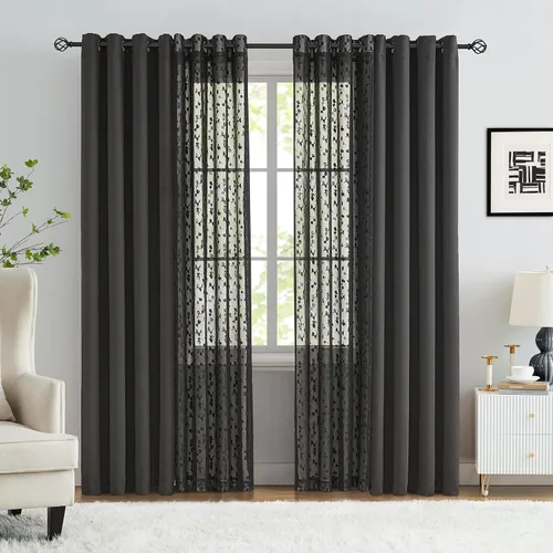 Vista 20 de Jubilantex Cortinas opacas completas + paneles de ventana transparentes con hojas, juego de tratamiento de ventana de doble capa estilo mezcla