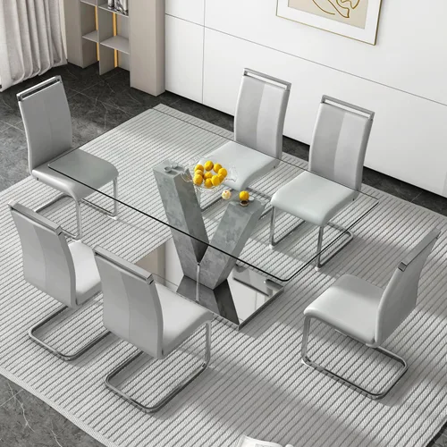 Vista 16 de Juego de mesa de comedor de cristal de 71 pulgadas para 4, juego de mesa de cocina moderno para 4, juego de mesa de comedor para el hogar